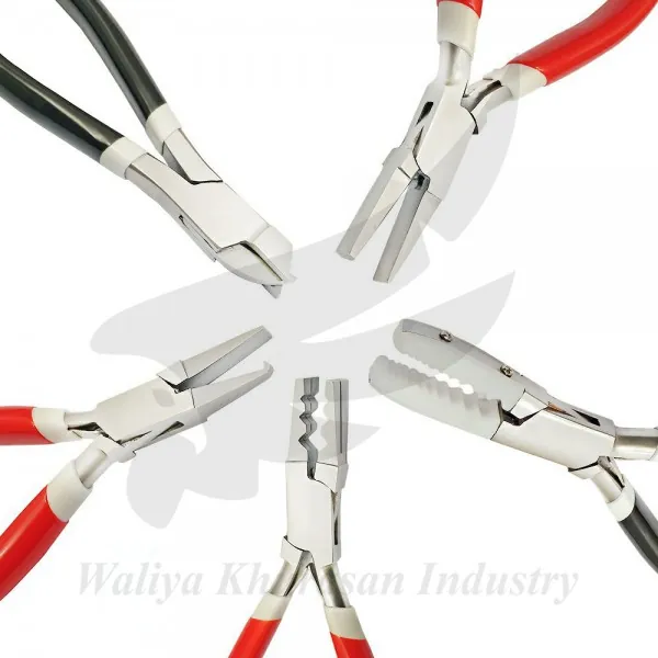 SET OF 5 PCS FLAT HALF ROUND - BOW CLOSING - PRONG OPENING - TUBE HOLDING NYLON JAW AND TUBE HOLDING CUTTING PLIERS