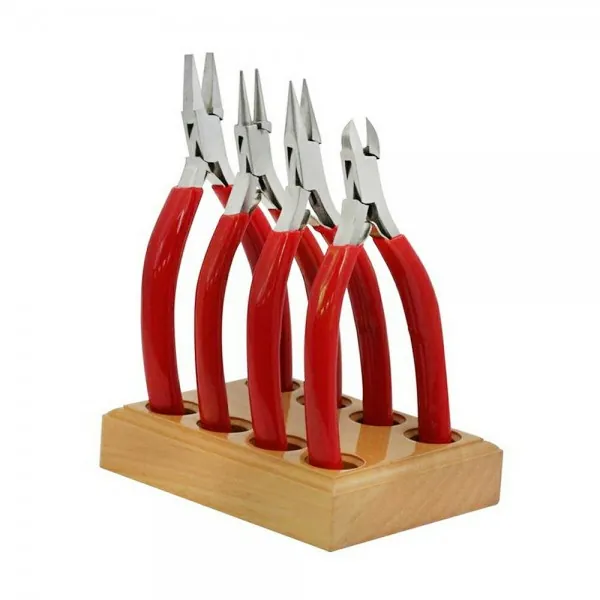 FOUR PLIERS 140MM ON WOOD STAND